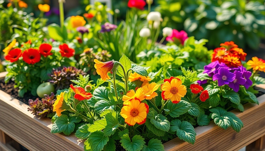 Colorful raised garden bed with lush vegetables and vivid flowers.