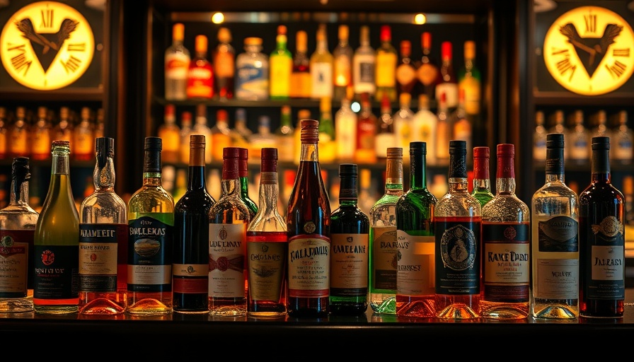 Liquor bottles on a bar counter, dimly lit bar ambiance