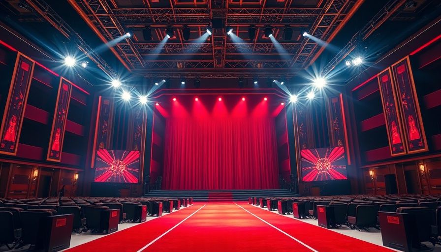 Elegant award show stage with vibrant red carpet.