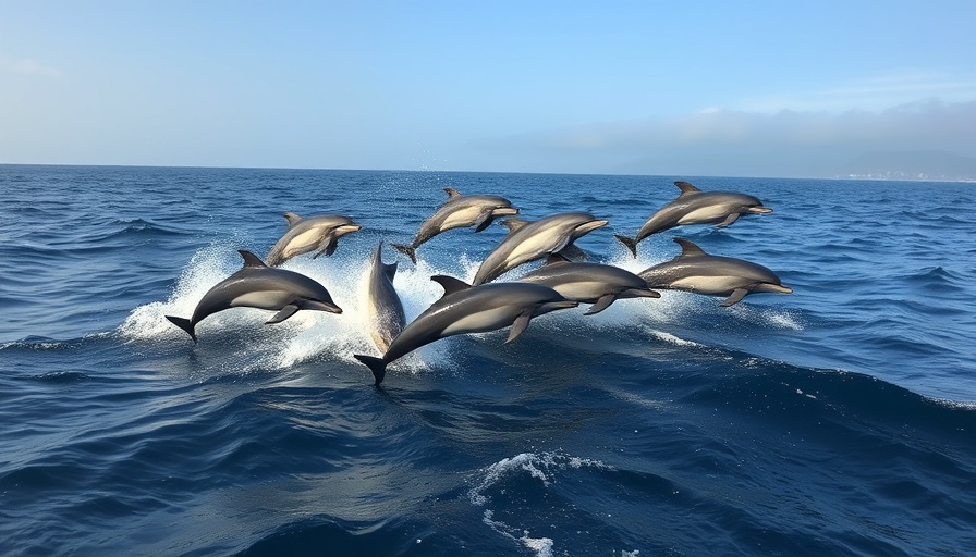 Superpod of dolphins leaping in California ocean.