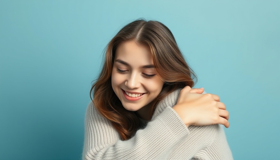 Content woman embracing herself, promoting questions to foster authentic self.