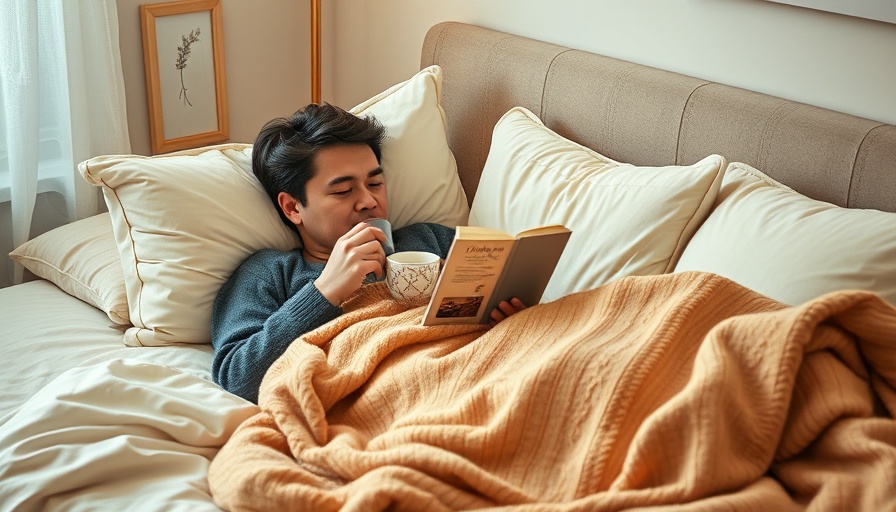 Person practicing self-care in bed, reading with warm drink.