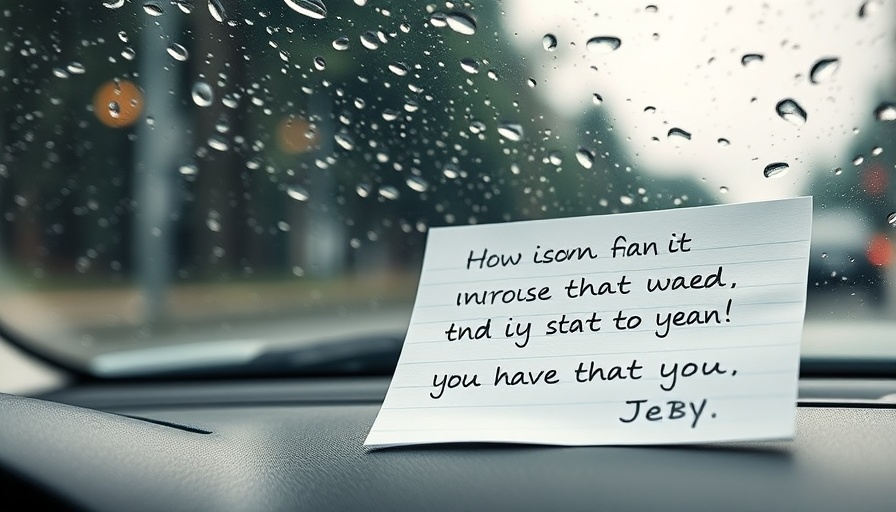 Note with encouraging words on a rainy car dashboard.