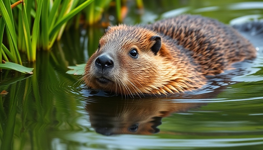 Reintroduction of beavers in England, beaver swimming in river.