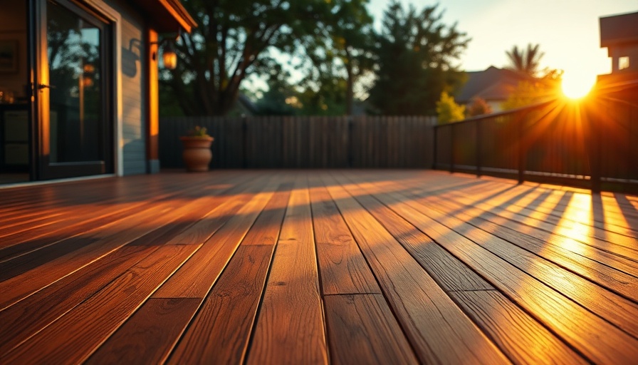 Elegant wooden deck with polished finish, Deck Details for Durability, warm evening light.