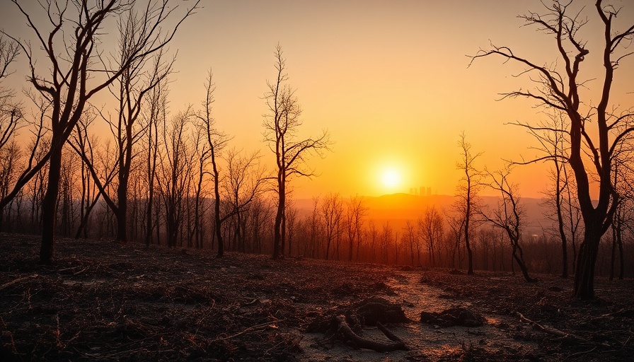 Scorched landscape with charred trees and urban skyline, sunset glow.