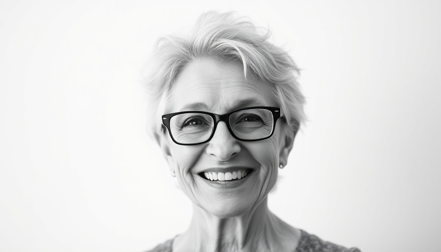 Mindfulness smiling older woman with glasses, expressing relief.