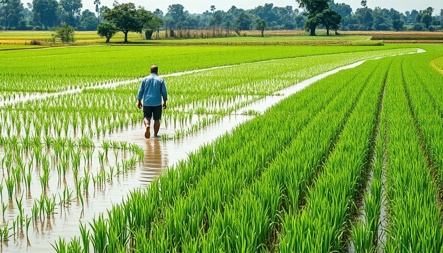 Climate change impact on flooded crop field with person assessing damage.
