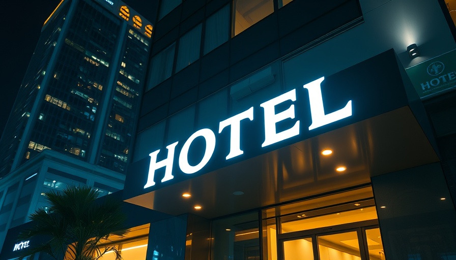 Modern US hotel exterior with glowing sign at night.