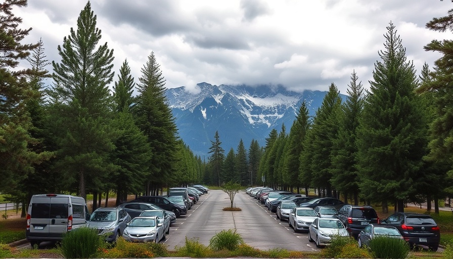 Dense parking lot in U.S. National Park with mountain backdrop.