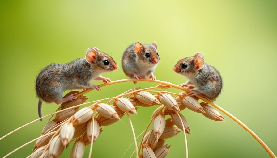 Mice displaying empathy behavior on wheat stalks with a green backdrop.