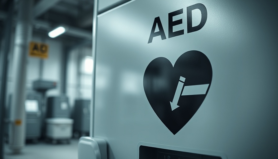 AED cabinet with heart symbol in bright room.