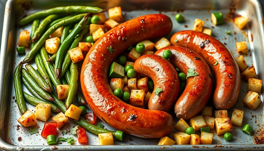 Cajun sausage sheet pan meal with veggies on a baking sheet.