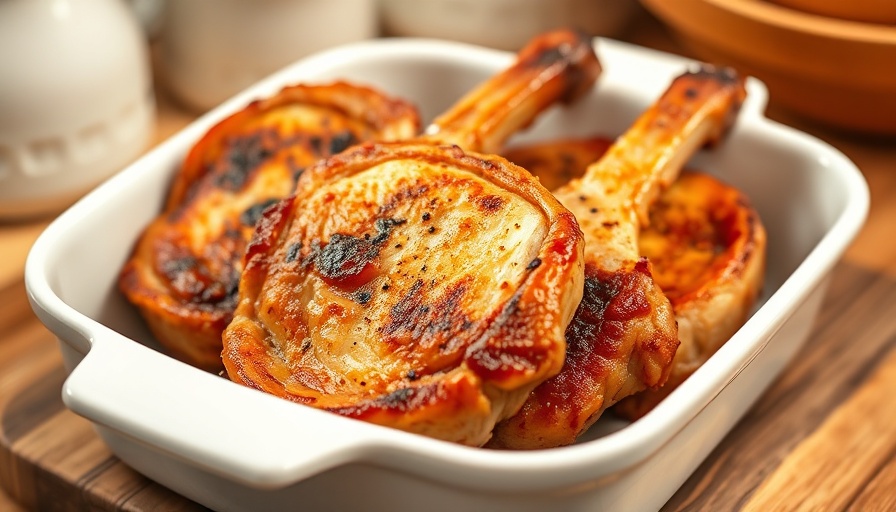 Four easy baked pork chops in a white dish.