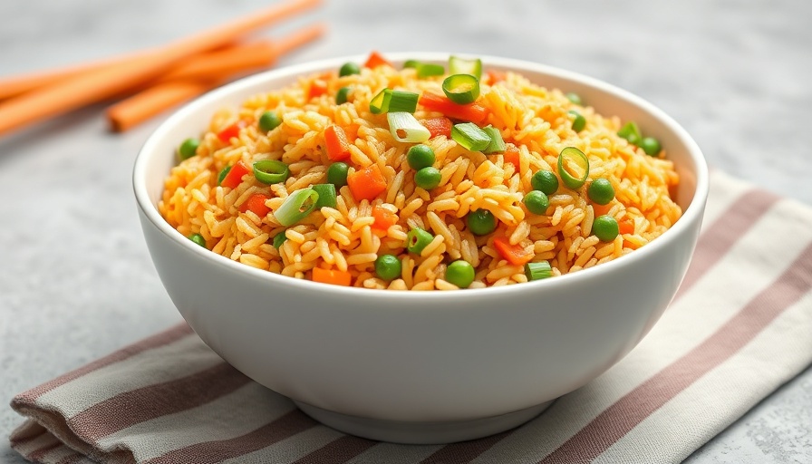 Easy fried rice recipe in a white bowl with green onions and vegetables.
