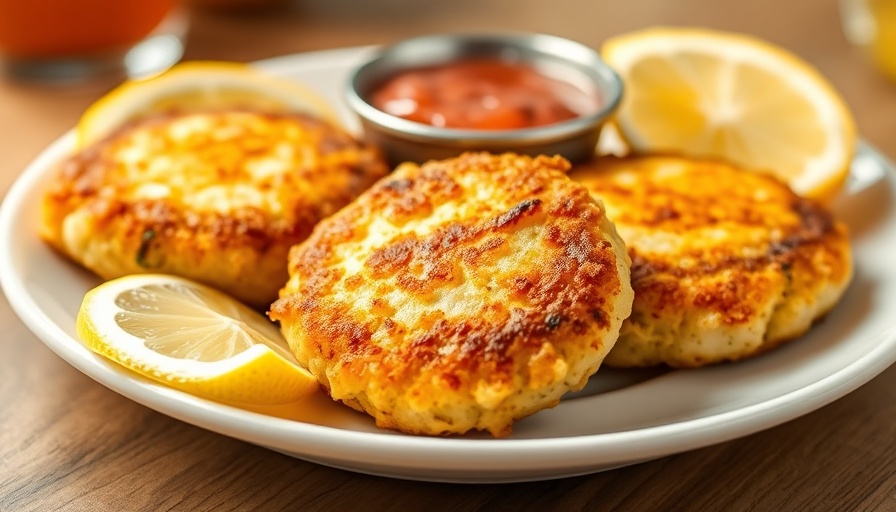 Easy crab cake recipe with lemon wedges.