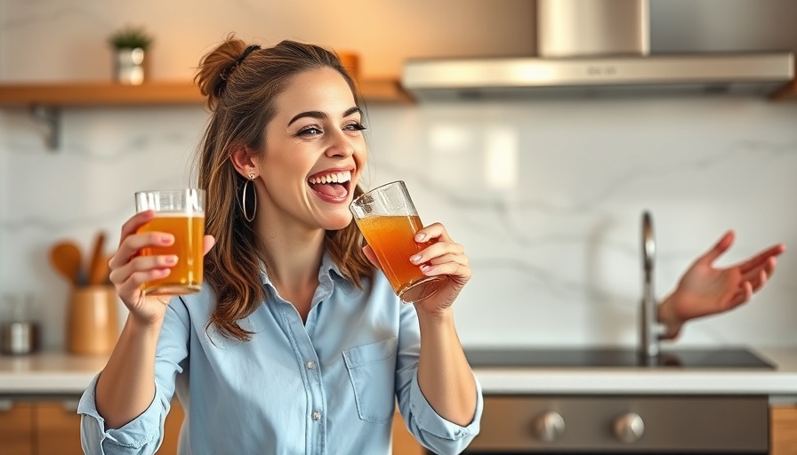 Woman enjoying a drink in kitchen, relevant to healthy eating recipes for weight loss.