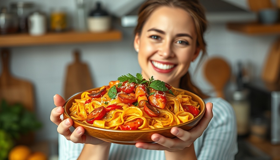 Woman showcasing healthy pasta dish, healthy lifestyle tips.