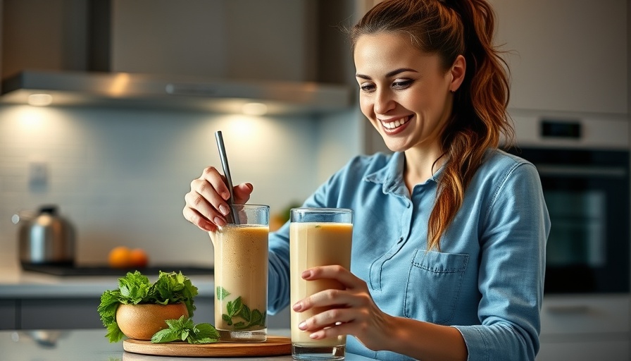 Smiling woman blends high-protein drink in modern kitchen, vibrant scene.