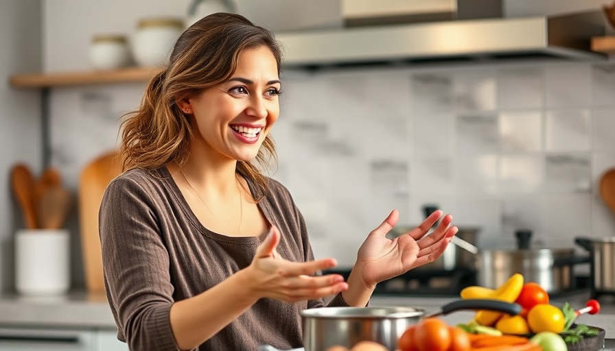 Smiling woman explaining cooking in a modern kitchen, budget diet ideas for a healthy lifestyle.