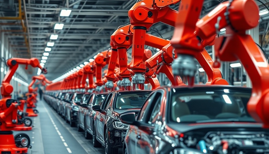 Automotive assembly line with robotic arms in U.S. auto industry.