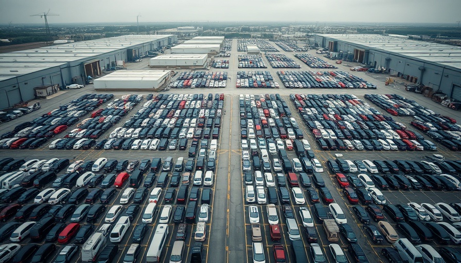 Aerial view of large automotive parking lot, showcasing rows of parked vehicles.