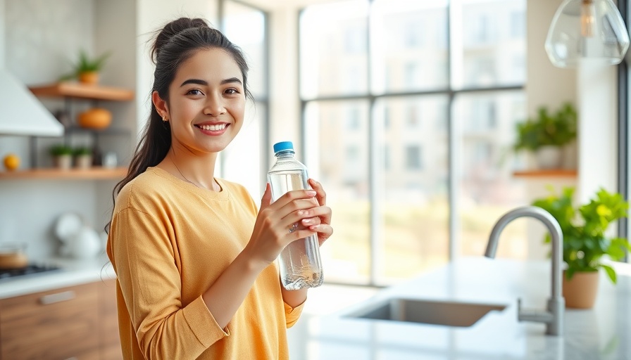 Young woman in a kitchen with a water bottle promoting a healthy lifestyle.