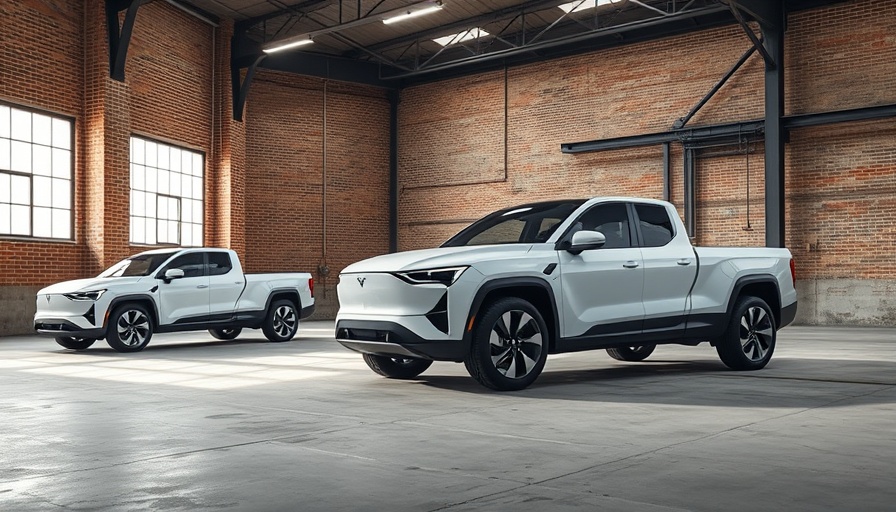 Affordable electric pickup trucks in industrial warehouse setting.