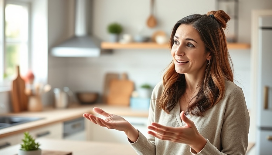 Woman sharing healthy lifestyle tips in a kitchen setting.