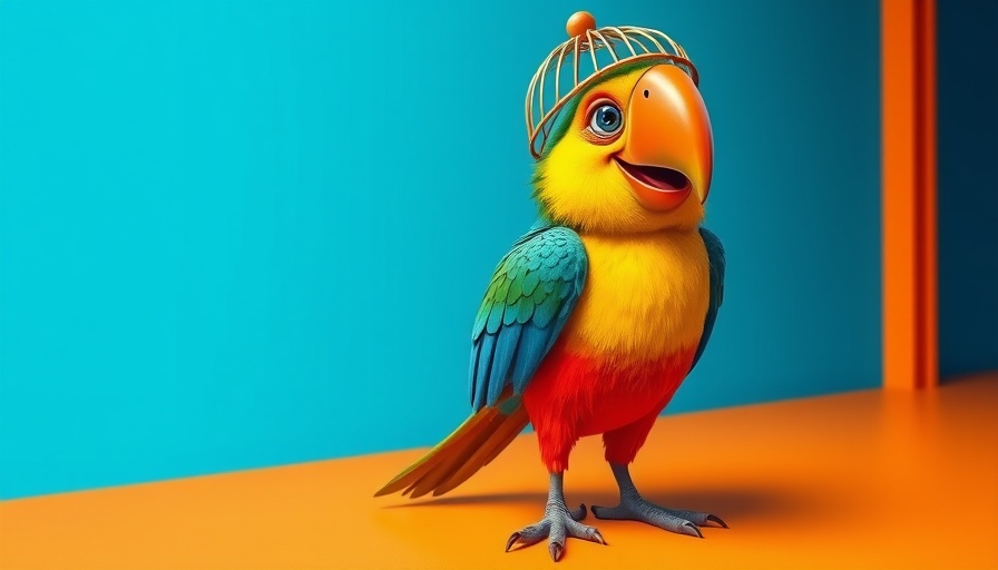 Whimsical colorful parrot next to an open birdcage, self-care routine metaphor.