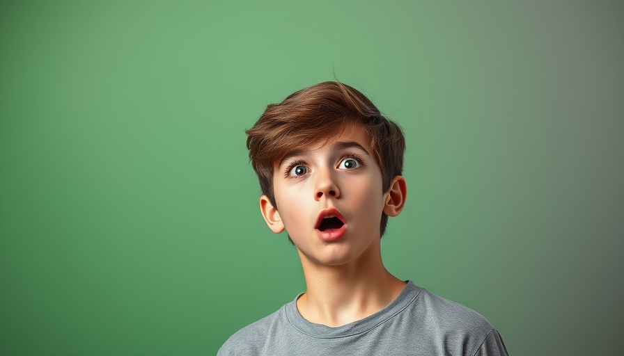 Young man surprised against vibrant green background.