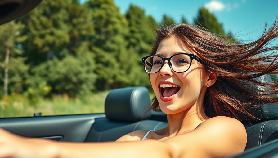 Young woman excited in convertible under clear sky, electric vehicle buying guide.