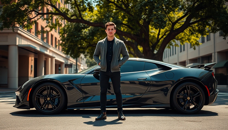 Young man posing beside a black sports car in a sunny urban setting, representing the biggest automobile industry in the world.