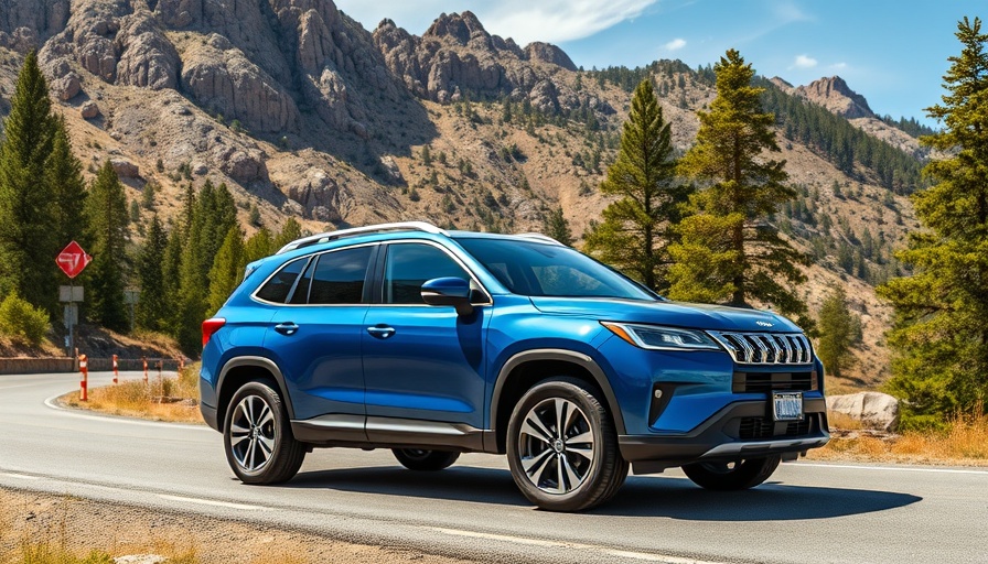 Sleek blue SUV on mountain road for vehicle maintenance.