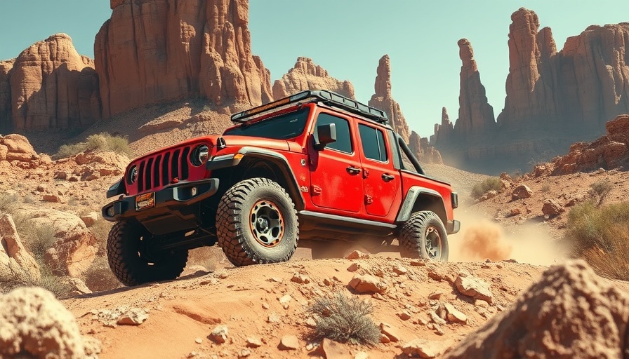 Red off-road truck navigating rugged terrain for vehicle maintenance insights.