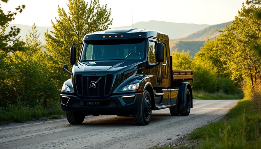 Sleek black hybrid truck driving on a scenic dirt road.
