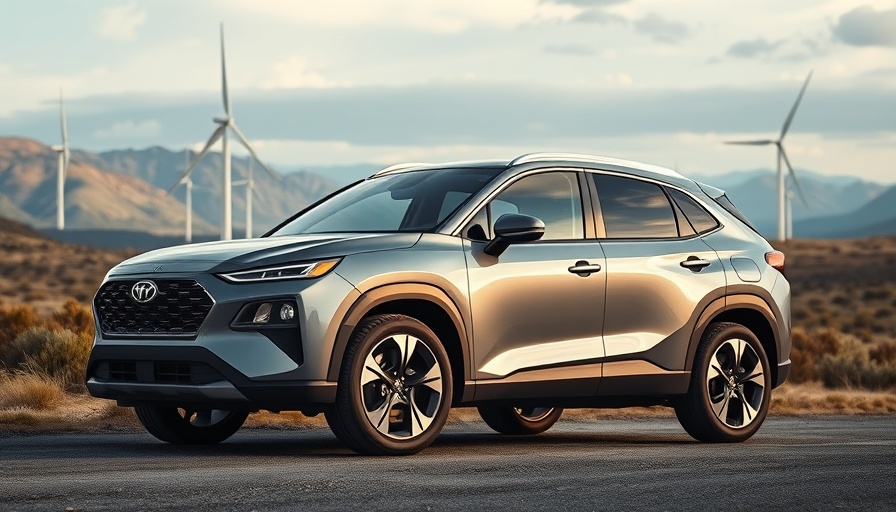 Modern hybrid SUV parked with wind turbines in scenic background.