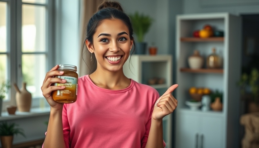 Confident woman debunking nutrition myths, holding a jar.