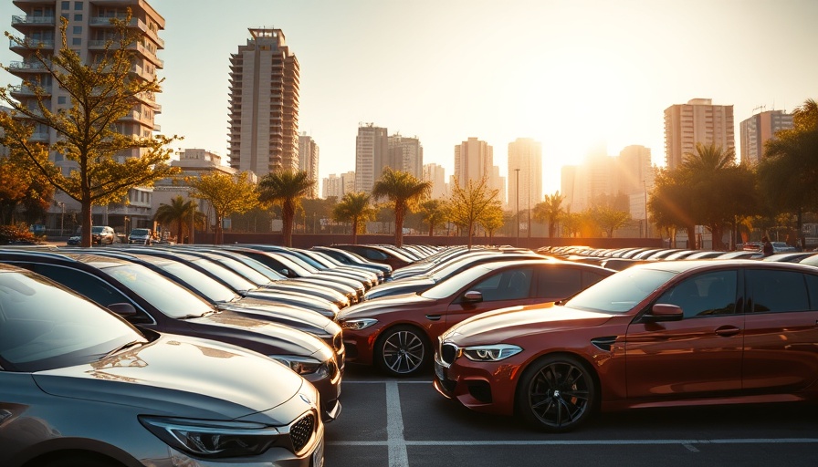 Modern cars parked in a line, ideal for buying salvage cars at auction concept.