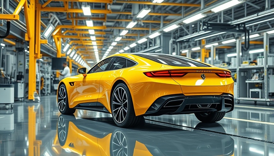 Futuristic yellow car in a high-tech assembly line related to 2025 auto tariffs.