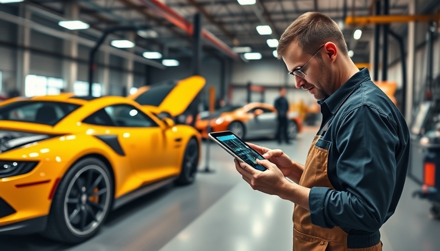 Modern workshop showing replacement salvage car parts analysis on tablet.
