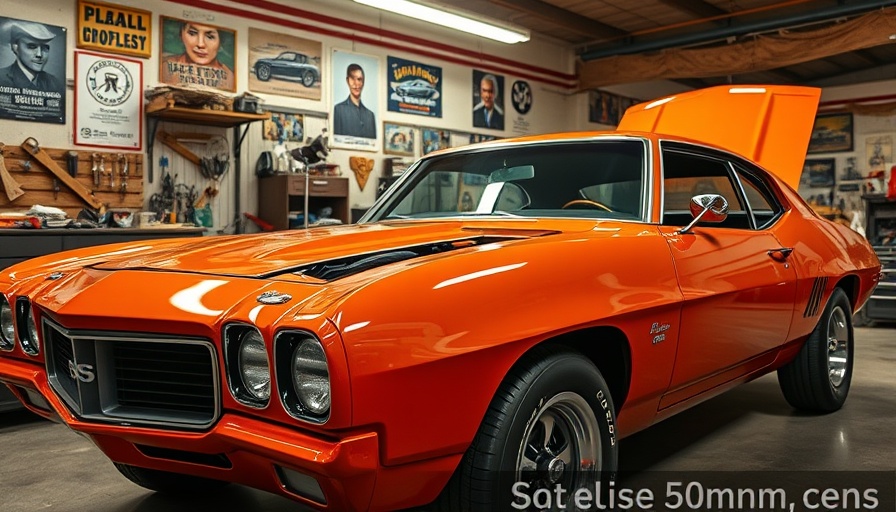 Classic car restoration in a vintage garage with orange muscle car.