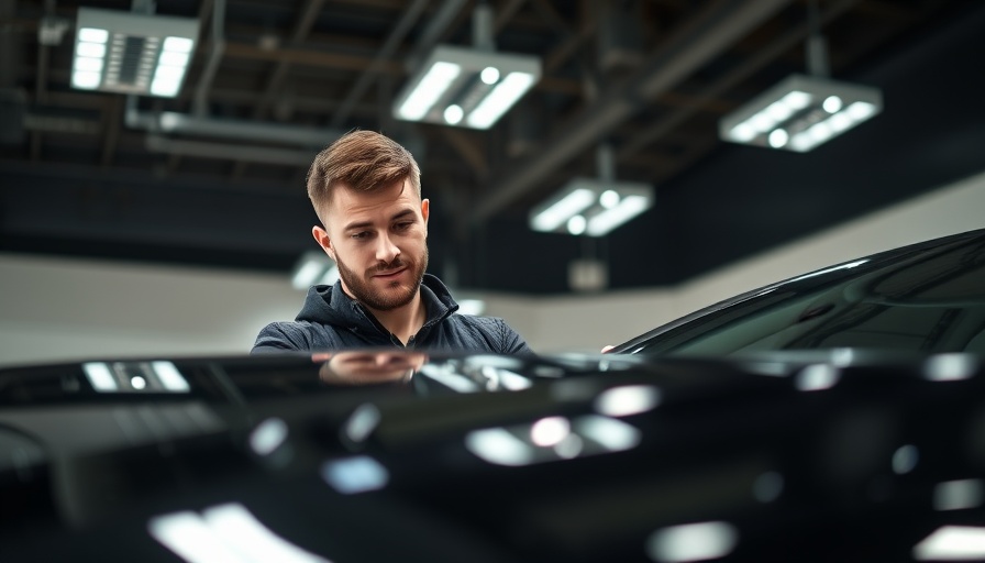 Man inspecting car for hidden damage in salvage cars, showroom lighting.
