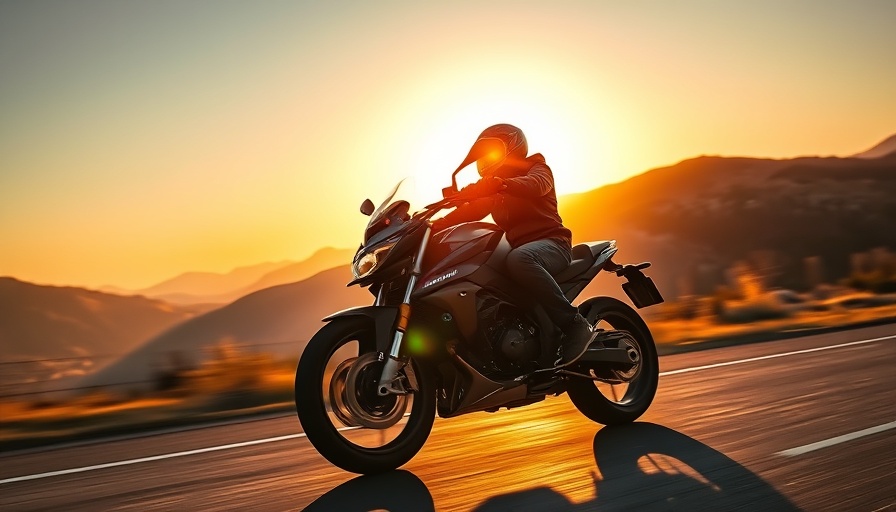 BMW K1600 B silhouette motorcycle ride at sunset, scenic background.