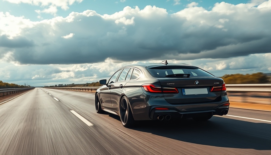 Sleek BMW M5 Touring speeding on a scenic highway.