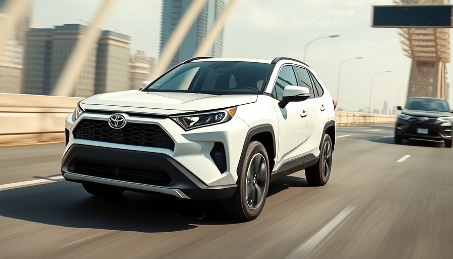 Toyota RAV4 Hybrid driving on highway, showcasing dynamic motion.