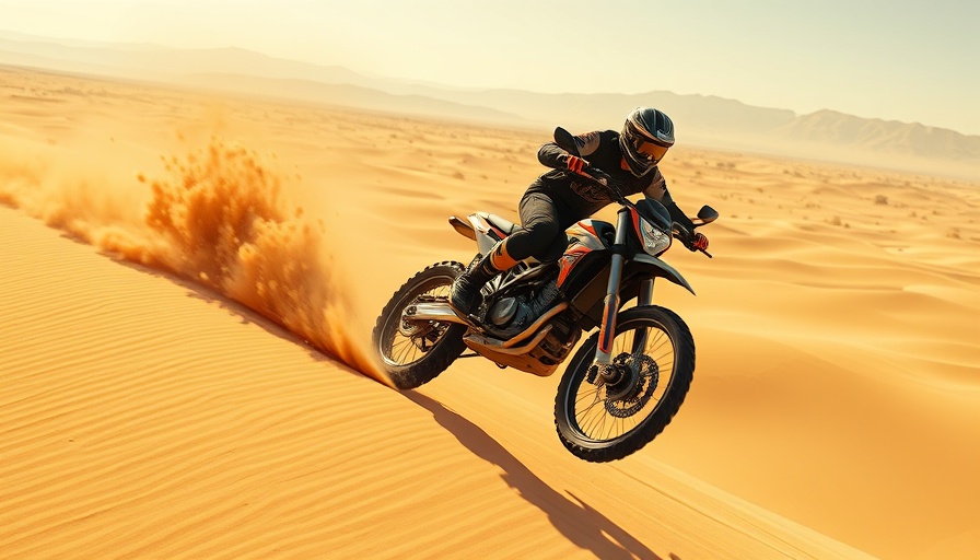 Dynamic motorcycle rider jumping on desert trail, best bikes for touring and trail.
