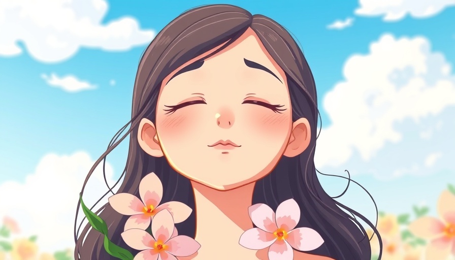 Serene woman cartoon with flowers in self-care routine.