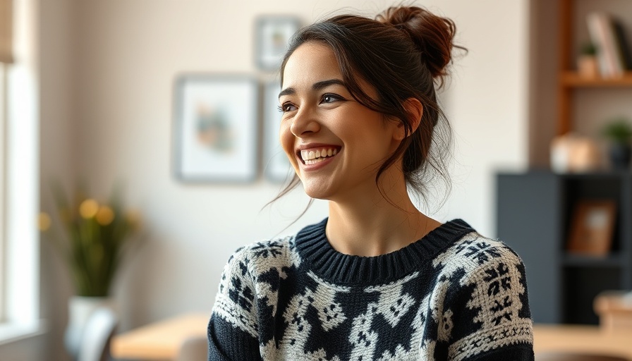 Smiling woman discussing healthy eating and losing weight indoors.