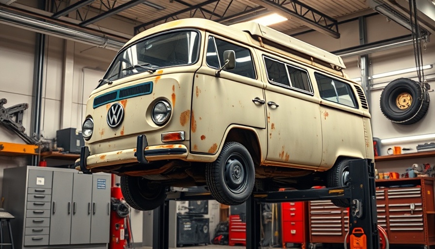VW T2 bus in modern shop, undergoing restoration.